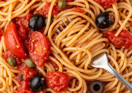 A close up shot of spaghetti tossed with vibrant tomatoes, black olives, and green capers, with a fork ready to dig in.の素材