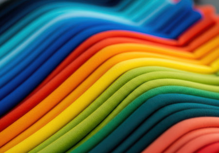 A close-up, abstract view of folded fabric creating rolling waves of color from red to blue, showcasing texture and light.の素材