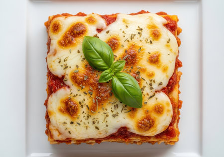 A close-up overhead view of a single, perfectly baked square of lasagna, bubbling with melted cheese and garnished with a fresh basil leaf.の素材