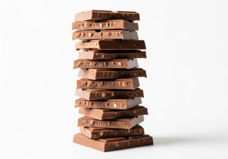 A vertical tower of broken chocolate bars in various shades of brown, stacked high against a clean white backdrop.の素材