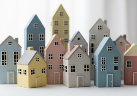 A group of small, decorative houses in various pastel colors are arranged closely together, creating a charming village scene.の素材