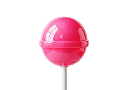 A single, vibrant pink oval lollipop with a shiny surface stands on a white stick against a pure white background.の素材