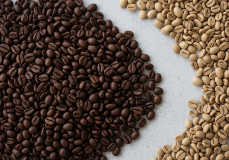 A close-up view shows a pile of dark roasted coffee beans next to a pile of light, unroasted green coffee beans.の素材