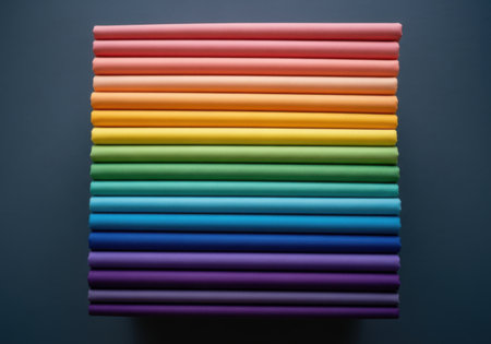 A neat stack of rolled paper, showcasing a gradient of colors from pink and orange to blue and purple.の素材