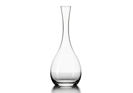 A tall, clear glass decanter with a bulbous base and a slender, elongated neck, isolated on a white background.の素材