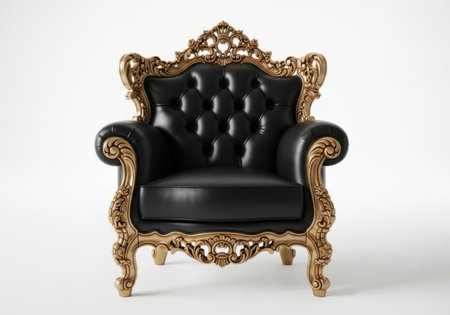 A luxurious black leather armchair with deep tufting and an intricately carved gold gilded frame sits against a white background.の素材