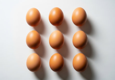 A top-down view of nine brown eggs neatly arranged in three rows and three columns on a clean white background with shadows.の素材