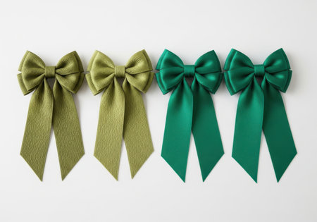 A collection of four festive green bows, two with intricate patterns and two solid colored, displayed against a plain background.の素材