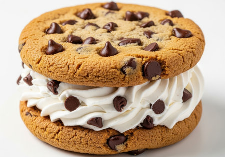 A close-up, overhead view of a delicious chocolate chip cookie ice cream sandwich with creamy filling and chocolate chips.の素材
