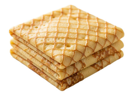 A neat stack of freshly cooked waffles with a distinct grid pattern, presented on a clean white background.の素材