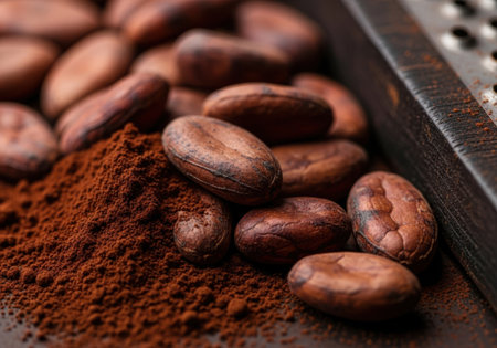 A close-up shot of roasted cocoa beans and finely ground cocoa powder, with a grater in the background, suggesting preparation for chocolate making.の素材