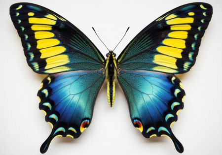 A stunning, symmetrical butterfly displays iridescent blue lower wings and bright yellow upper wings with black markings against a plain background.の素材
