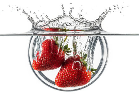 Three ripe strawberries plunge into clear water, generating a dynamic crown splash and ripples. The image captures the moment of impact and refreshment.の素材