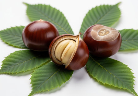 A close-up shot of three horse chestnuts, one split open, resting on vibrant green leaves against a white background.の素材