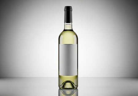 A clear glass bottle of pale yellow white wine stands upright on a reflective surface with a gradient background.の素材