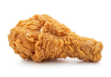 A single, perfectly cooked, golden-brown fried chicken drumstick with a textured, crispy coating, isolated on a clean white surface.の素材