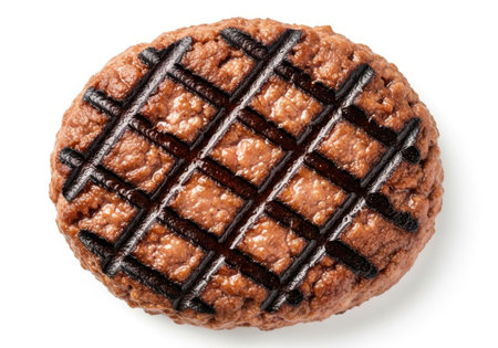A close-up overhead view of a perfectly grilled burger patty featuring distinct char marks from the grill, ready for a bun.の素材