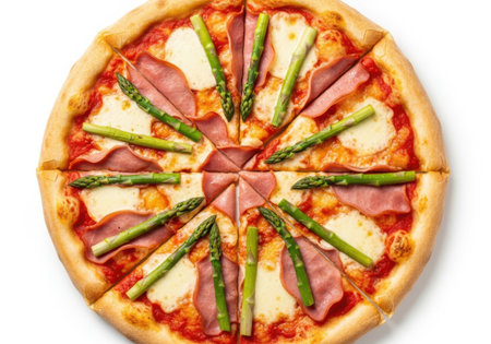 A perfectly sliced pizza topped with vibrant asparagus spears, savory ham, and melted mozzarella cheese on a rich tomato sauce base.の素材