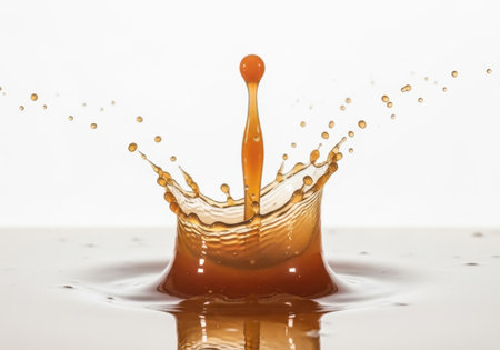 An orange toothbrush stands upright in a dynamic splash of brown liquid, creating a crown-like effect with droplets frozen in mid-air.の素材