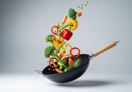 Falling vegetables in a wok on grey background. Healthy food conceptの素材