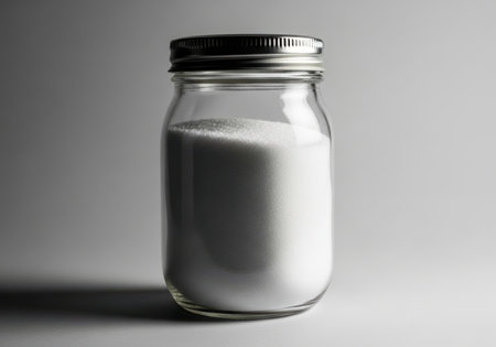 A clear glass jar with a silver metal lid contains a white powdery substance, casting a shadow.の素材
