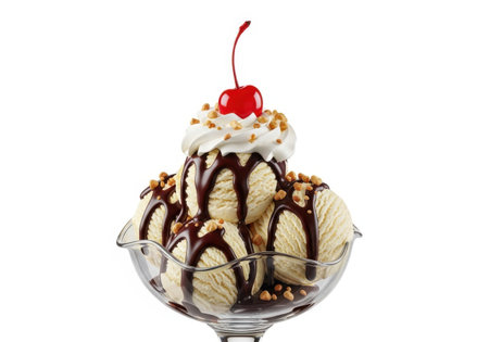 Vanilla ice cream with chocolate sauce and cherry isolated on white backgroundの素材