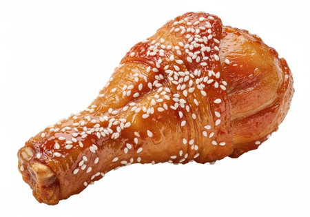 A close-up of a perfectly cooked chicken drumstick, glazed and generously sprinkled with white sesame seeds, isolated on a white background.の素材