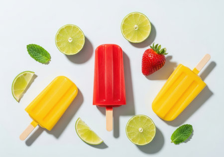 Fruit popsicles with lime, mint and strawberry on white backgroundの素材
