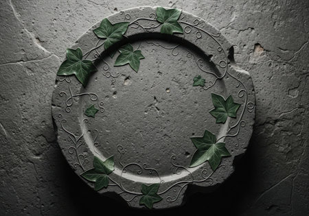 Old metal plate with green leaves on dark background. Toned.の素材