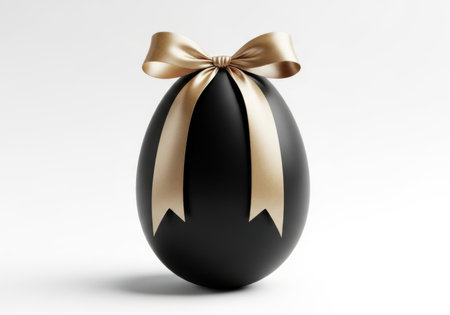 Black easter egg with gold ribbon on white background. 3D illustrationの素材