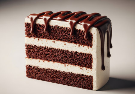 Chocolate cake with icing on a white background. Toned.の素材