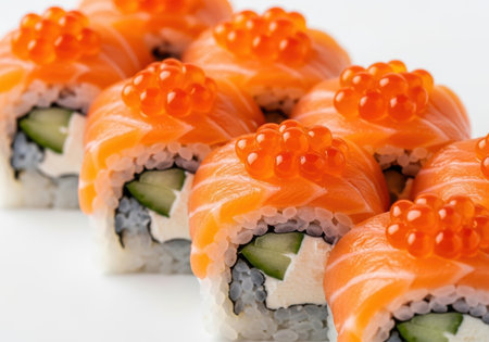 Sushi rolls with salmon and cucumber on a white background.の素材
