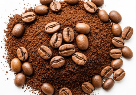 Coffee beans and ground coffee on white background. Top view.の素材