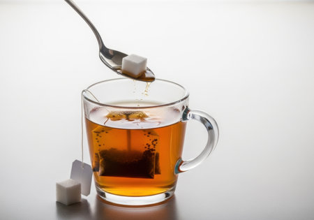 Cup of tea with sugar cubes and spoon on a white backgroundの素材