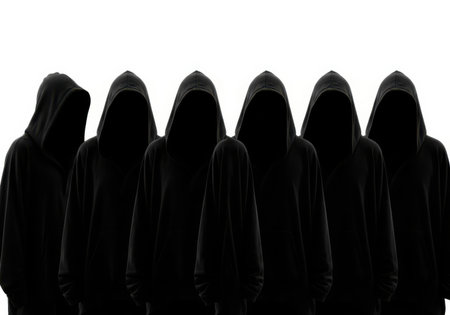 Group of black hooded men standing in a row on white backgroundの素材
