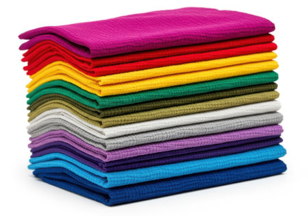 Stack of colorful towels isolated on white background. Clipping path included.の素材