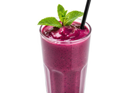 Blueberry smoothie in a glass with a straw on a white backgroundの素材