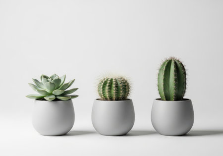 Three cactuses in white pots on a white background. Minimal style.の素材