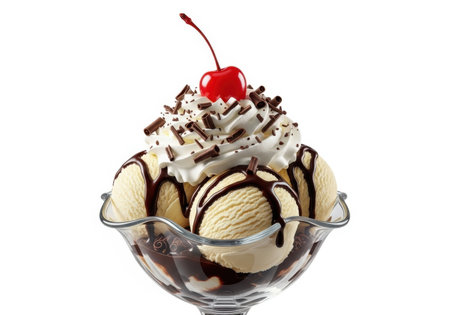 ice cream sundae with chocolate and cherry isolated on a white backgroundの素材