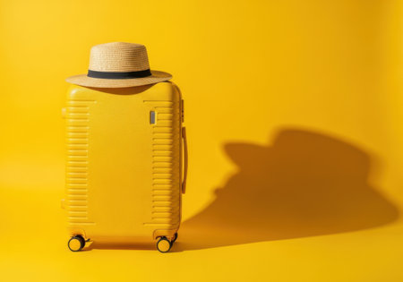 Yellow suitcase with straw hat on yellow background. Minimal travel concept.の素材