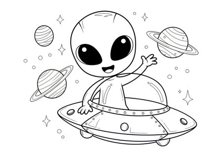 Coloring Page Outline Of Cute Alien Vector Illustration.の素材