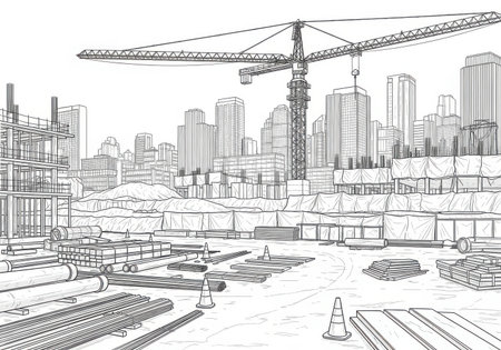 construction site graphic black white sketch illustration vector hand drawn line artの素材