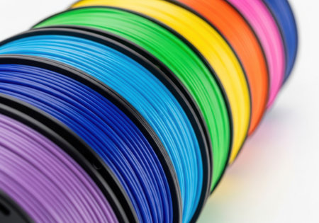 Colorful plastic filament for 3d printing on a white background.の素材