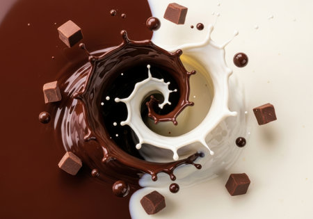 chocolate splash close up shot on a white background. High quality photoの素材