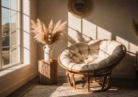 Comfortable armchair and vase with pampas grass near the windowの素材