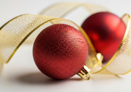 Red and gold christmas balls with golden ribbon on white background.の素材