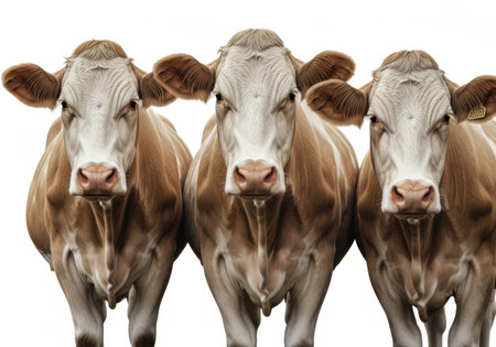 group of cows in a row on a white background in the studioの素材