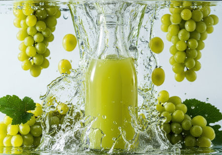 grapes and juice splashing in water on a white backgroundの素材