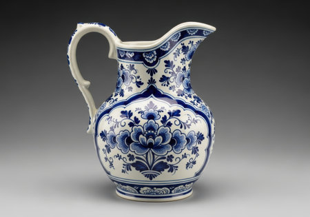 antique porcelain jug with floral pattern on a gray backgroundの素材