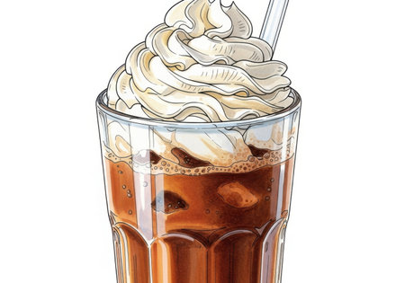 Iced coffee with whipped cream in a glass isolated on white backgroundの素材
